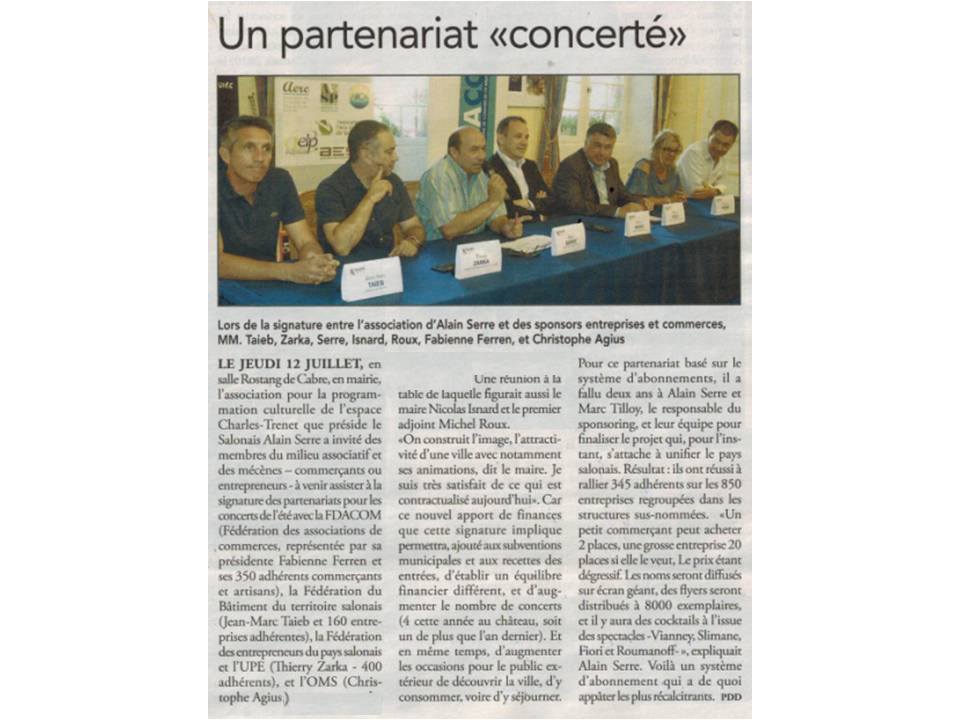 Un partenariat "concerté" - 2018 - : Signature entre l'association d'Alain Serre et des sponsors entreprises et commerces du Pays Salonais.